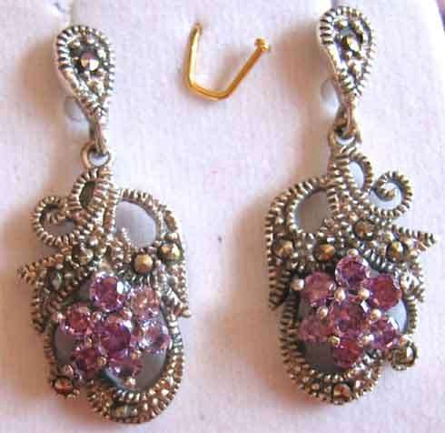 Sterling Silver, Amethysts and Marcasite  Earrings.