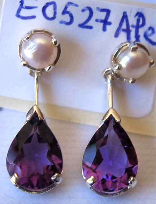 925 Sterling Silver, Genuine  Pearls and Amethyst Earrings.