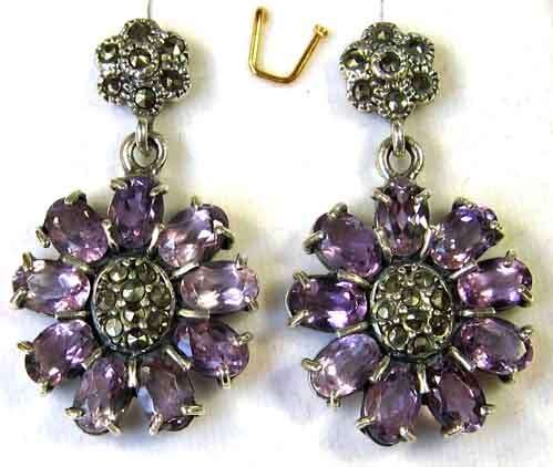 Beautiful Sterling Silver, Marcasite & Amethysts Earrings.