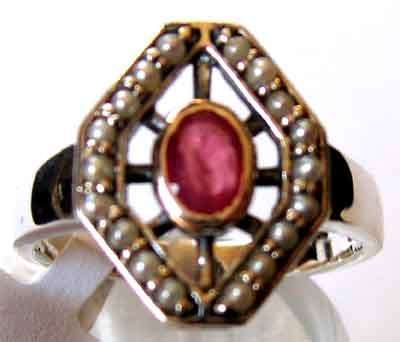 925 Sterling Silver Genuine Ruby and Seed Pearls Ring.