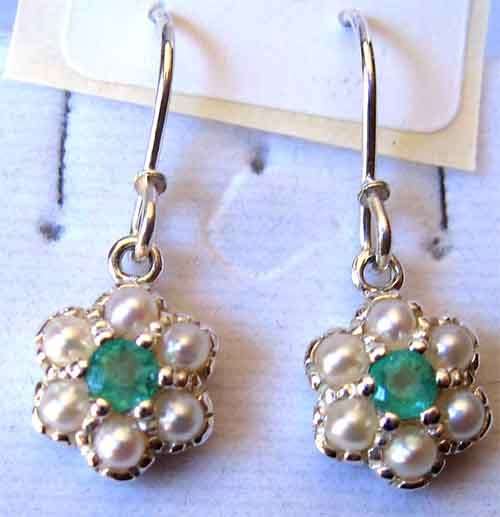 925- Sterling Silver Genuine  Emeralds  and Seed Pearls Earrings