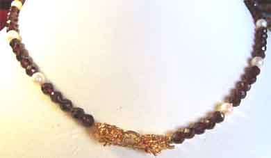 Genuine Pearls & Faceted Garnets  Necklace with  Silver Gold Plaited Clasp