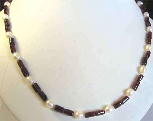 Genuine Freash Water Pearls and Garnets  Necklace with a Silver Clasp