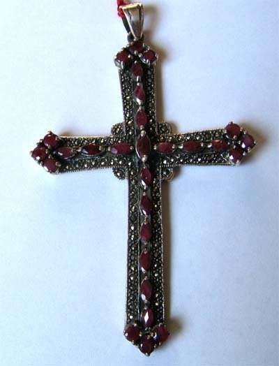 Big and Beautiful Sterling Silver Genuine Rubies & Marcasite Pendant/ cross