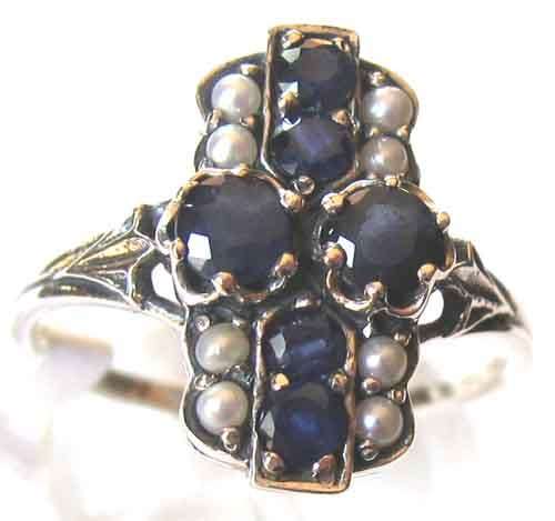 Genuine Blue Sapphires and Seed pearls in Sterling Silver Ring.