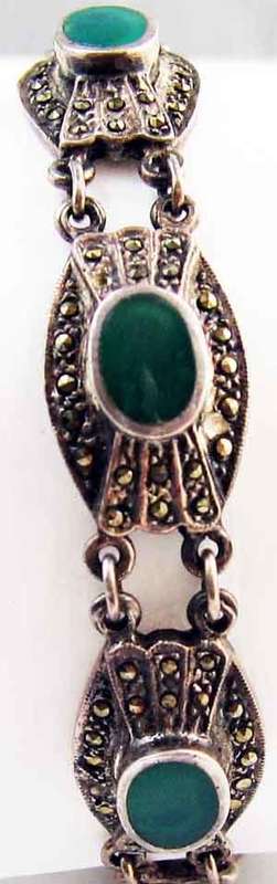 Big and Beautiful, 925 Sterling Silver Green Agate and Marcasite Bracelet