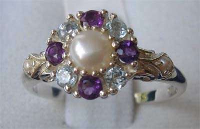 Beautiful  925 Sterling Silver with Genuine Amethysts, Blue Topaz & Pearls  Ring