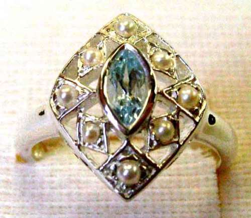 925 Sterling Silver & Genuine Aquamarine & Seed Pears  Ring