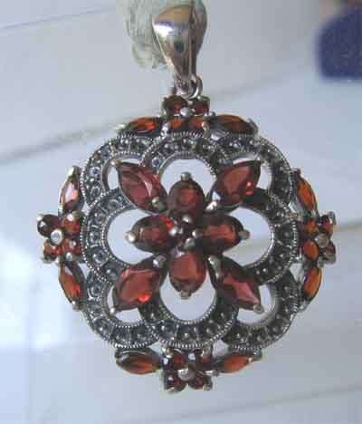 Beautiful Sterling Silver Marcasite & Garnets Pendant