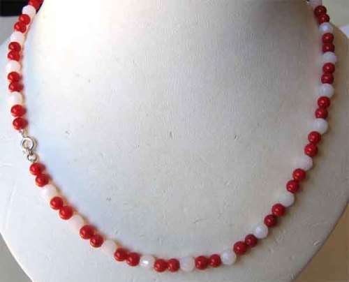 Genuine Red Coral and White Jade with Sterling Silver clasp