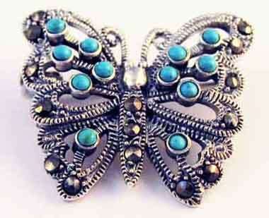 925 Sterling Silver, Marcasite & Turquoise  ` Butterfly ` Brooch.