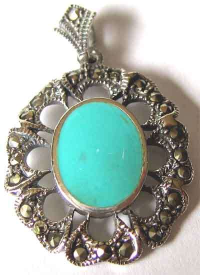 Sterling Silver , Marcasite and Turquoise Pendant