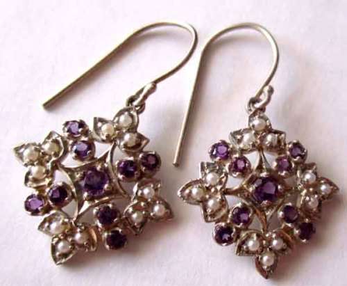 Beautiful-Sterling Silver and Genuine Amethysts & Peals Earrings