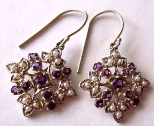 Beautiful-Sterling Silver and Genuine Amethysts & Peals Earrings