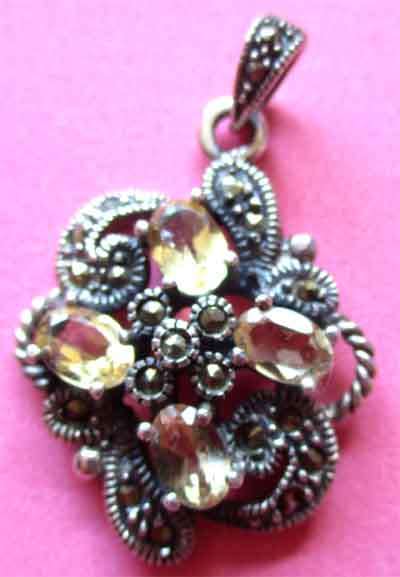 925 Sterling Silver Genuine Citrine  & Marcasite  Pendant
