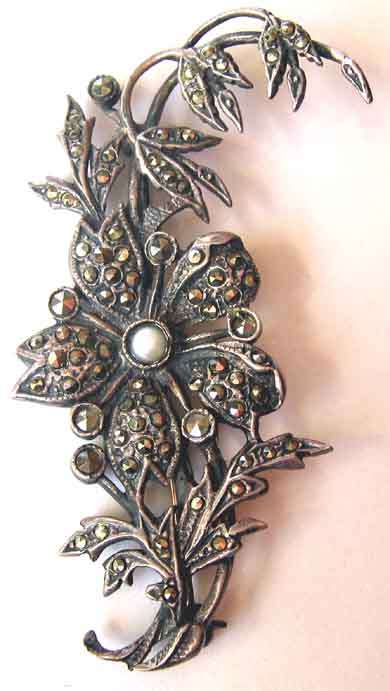 Sterling Silver, Marcasite & Cultured Pearl ` Flower ` Brooch.