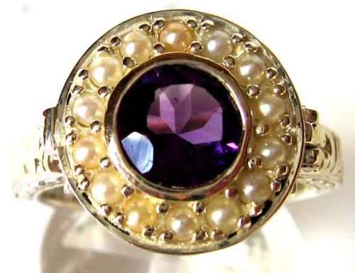 Sterling Silver Genuine  Seed Pearls and Amethyst  Ring