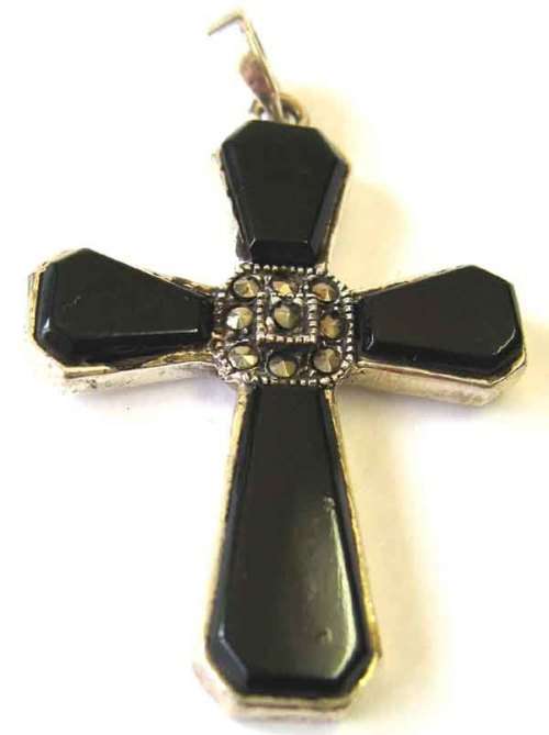 925 Sterling Silver Black Onyx & Marcasite Cross/ Pendant