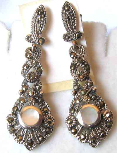 Beautiful, Sterling Silver, Mother  Of  Pearl  & Marcasite Earrings.