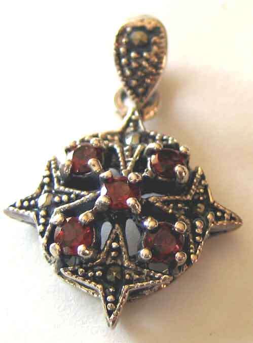 Solid 925 -Sterling Silver, Marcasite  & Garnets  Pendant.