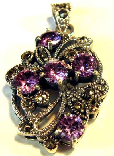 Solid 925 -Sterling Silver, Marcasite  & Amethysts  Pendant.
