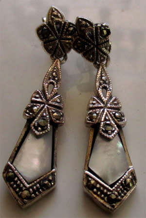 Sterling Silver, M O P  & Marcasite Earrings.