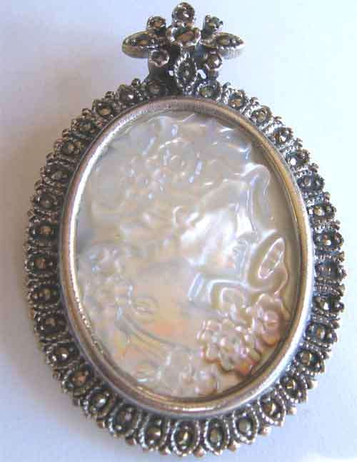 Sterling Silver , Marcasite and MOP Cameo Brooch