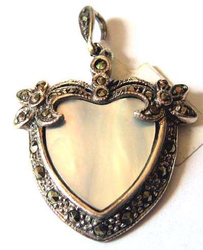 Solid 925 -Sterling Silver  Marcasite and Heart Shape Mother Of Pearl  Pendant.