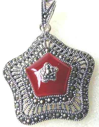 Art Deco -Antique Style 925 -Sterling Silver, Marcasite  & Carnelian  Pendant.