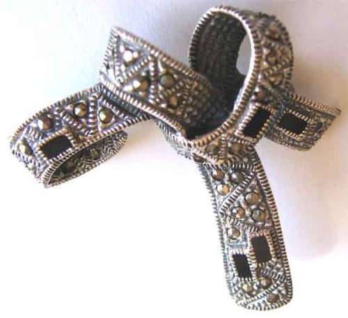 Sterling Silver , Marcasite and black enamel ` Bpw ` Brooch