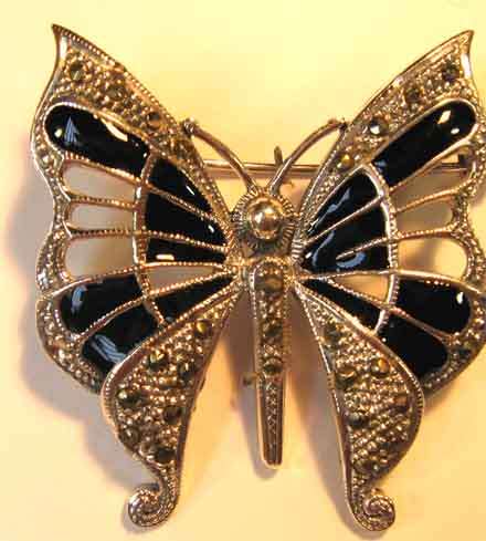 Sterling Silver , Marcasite and black enamel ` Butterfly ` Brooch