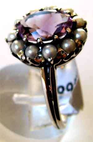 Solid Sterling Silver  Seed Peals &  Amethyst Ring