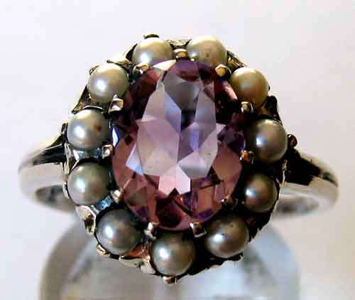 Solid Sterling Silver  Seed Peals &  Amethyst Ring