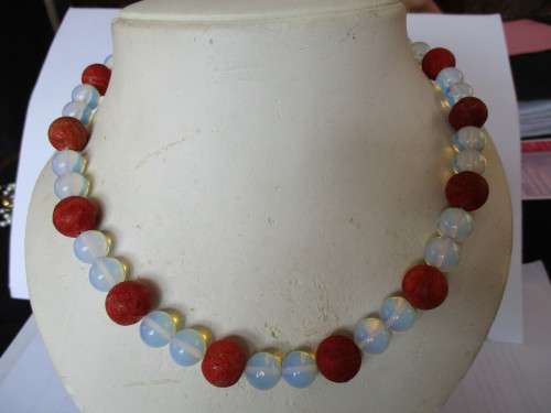 Opallite & Coral Necklace with silver clasp