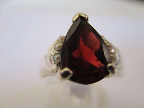 Sterling Silver , Garnet  and Seed Pearls Ring
