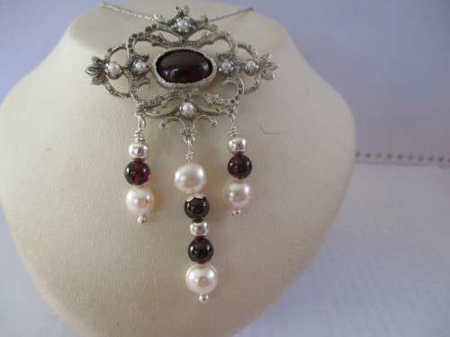 925 Sterling Silver, Genuine Garnets and Pearls  Pendant