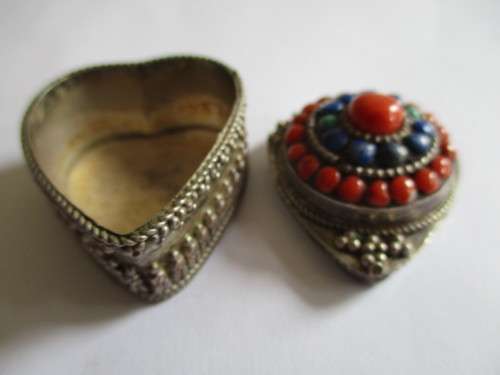 Sterling Silver Heart   Box Ornated  with Coral ,Lais Lazuli and Turquoise