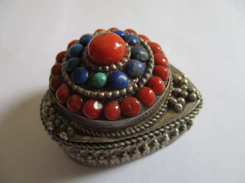 Sterling Silver Heart   Box Ornated  with Coral ,Lais Lazuli and Turquoise