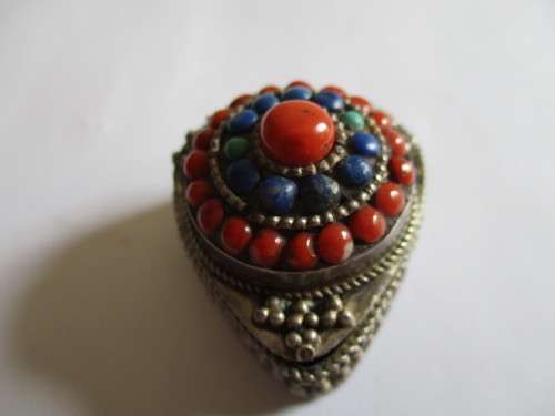 Sterling Silver Heart   Box Ornated  with Coral ,Lais Lazuli and Turquoise
