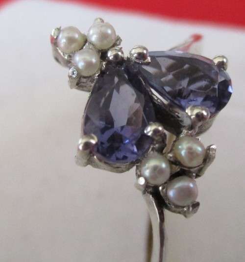925 Sterling Silver, Genuine  Iolite and Seed Pearls Ring