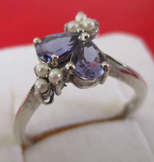 925 Sterling Silver, Genuine  Iolite and Seed Pearls Ring