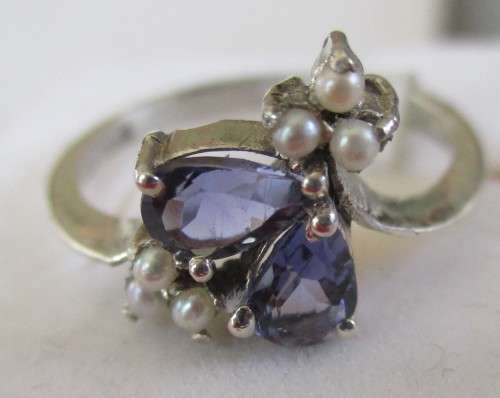 925 Sterling Silver, Genuine  Iolite and Seed Pearls Ring