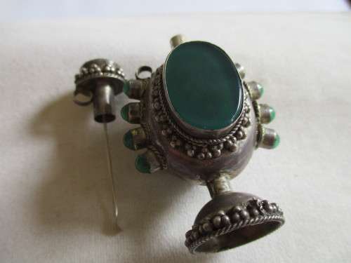 Antique 925 Sterling Silver and Green Agate Perfume  Pendant
