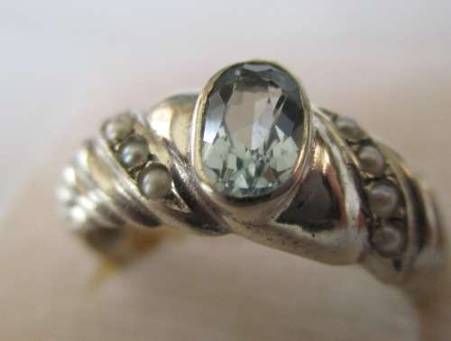 925 -Sterling Silver  Seed Pearls and  Blue Topaz Ring