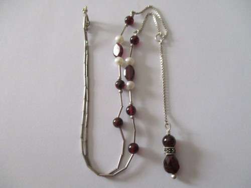 Beautiful-   925 Sterling Silver Pearls and Garnets Necklace