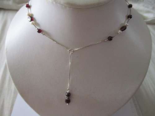 Beautiful-   925 Sterling Silver Pearls and Garnets Necklace