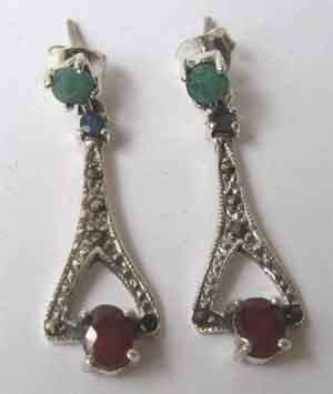 925 Sterling Silver  Marcasite, Genuine Rubies,Emeralds & Sapphires Earrings