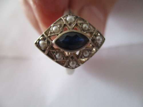 Sterling Silver with Genuine Sapphire and Seed pearl  Ring.