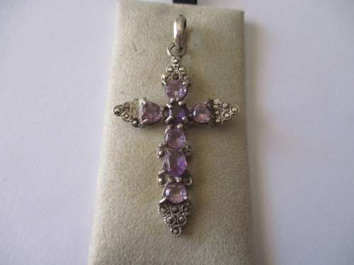 925 Sterling Silver  and Genuine Amethysts Pendant/ cross