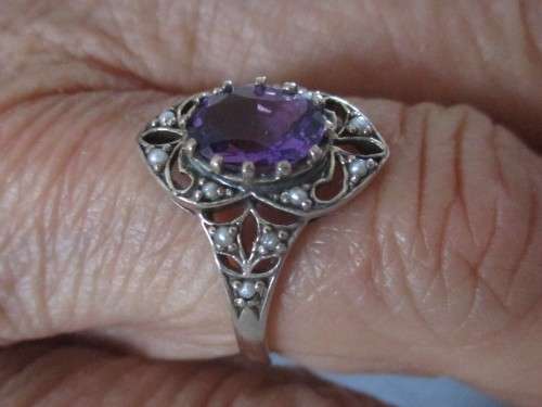 925 Sterling Silver Genuine Amethyst and Seed Pearls Ring
